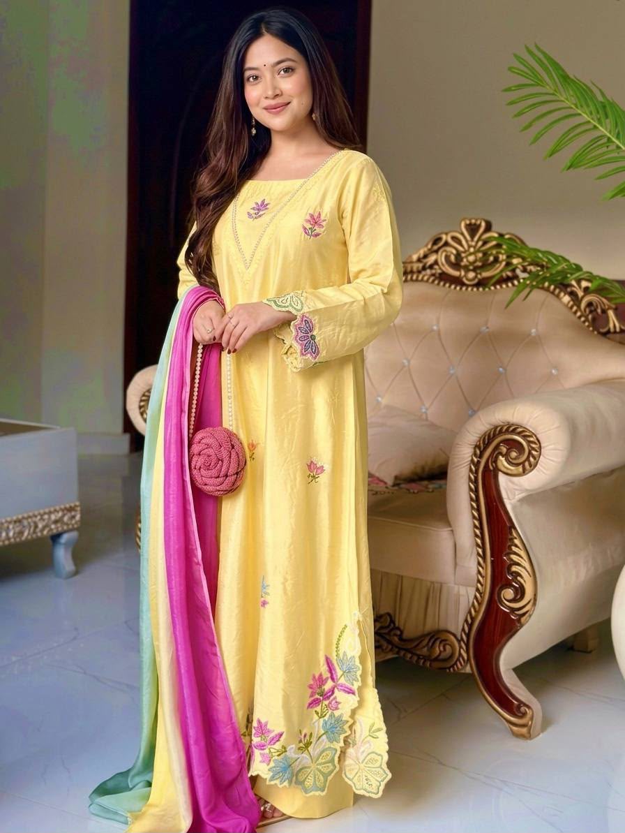 BUTTER-YELLOW 3-PIECE ETHNIC KAFTAN SUIT SET WITH FLORAL EMBROIDERY