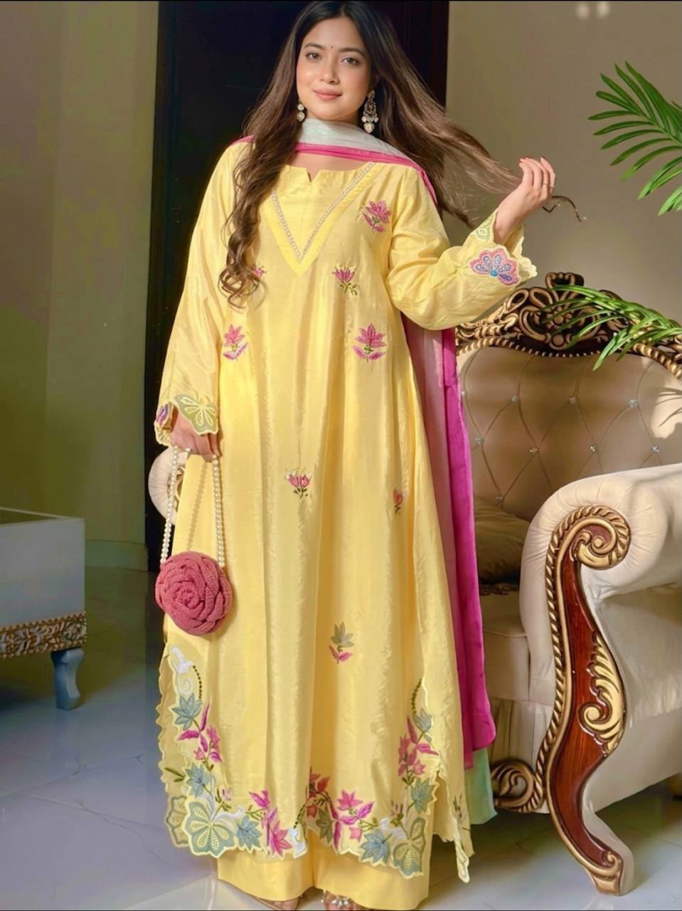 BUTTER-YELLOW 3-PIECE ETHNIC KAFTAN SUIT SET WITH FLORAL EMBROIDERY