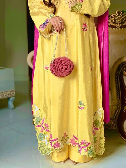 BUTTER-YELLOW 3-PIECE ETHNIC KAFTAN SUIT SET WITH FLORAL EMBROIDERY