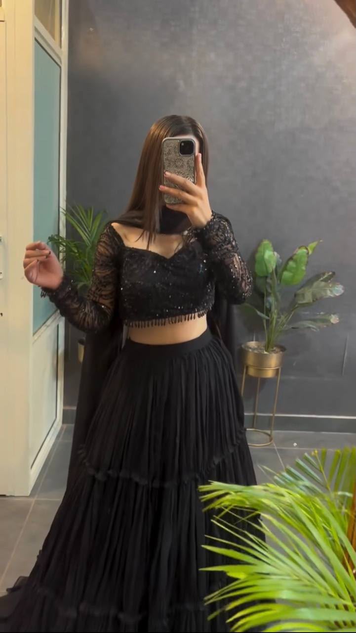 BLACK RUFFLE STYLE EMBROIDERED LEHENGA