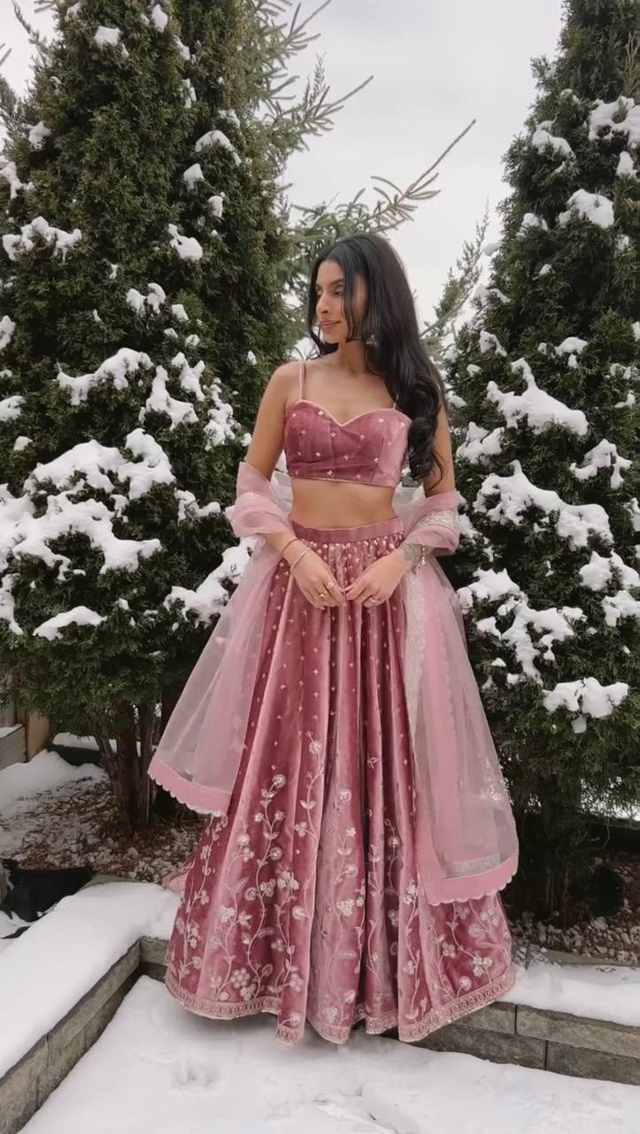 BLUSH PINK EMBROIDERED JAPAN SATIN LEHENGA