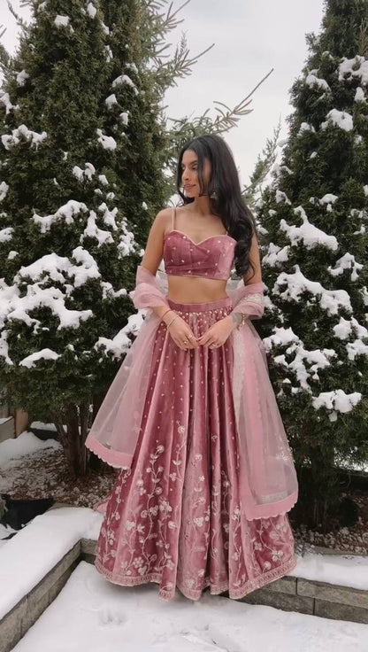 BLUSH PINK EMBROIDERED JAPAN SATIN LEHENGA