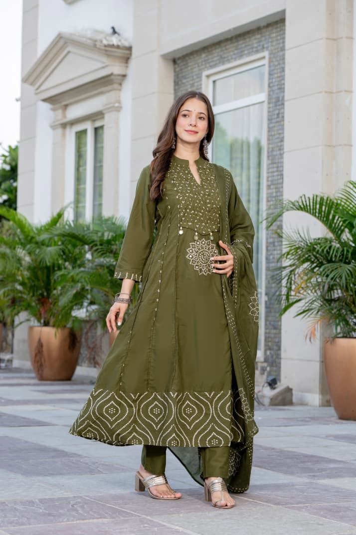 IN.COTTOM - COTTON BANDHANI REAL MIRROR WORK KURTA SET