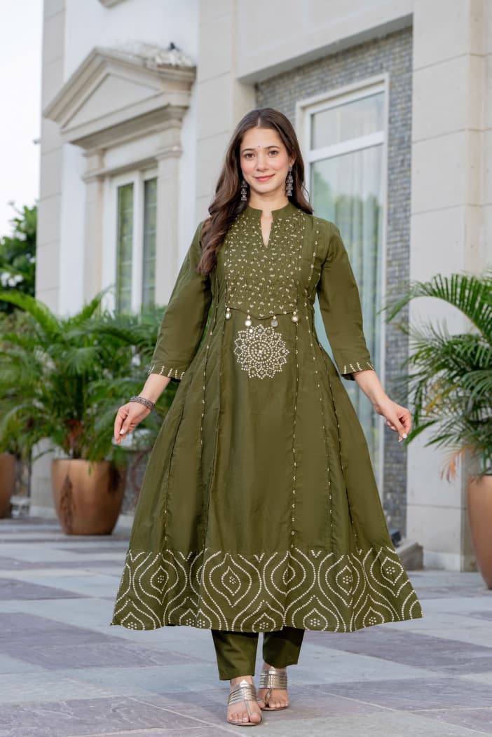 IN.COTTOM - COTTON BANDHANI REAL MIRROR WORK KURTA SET