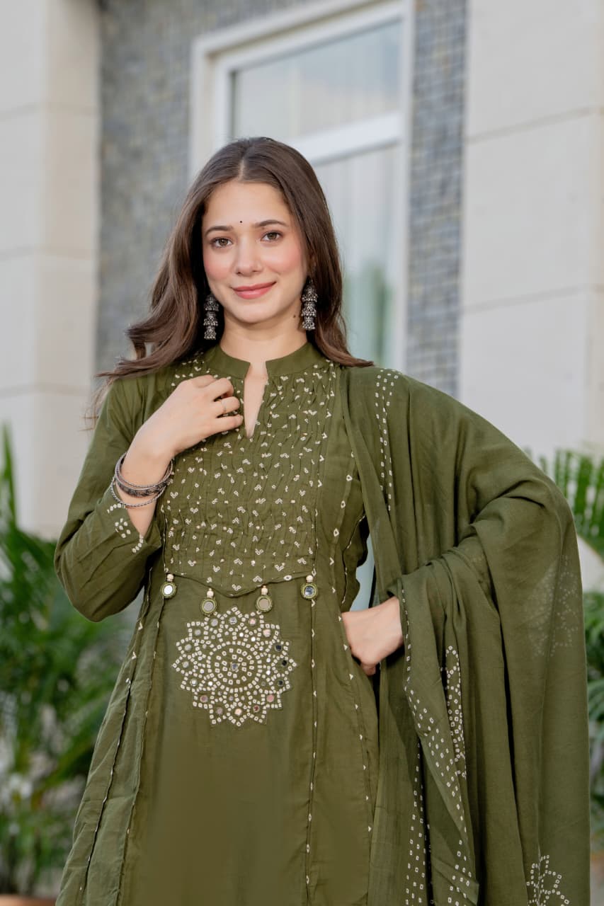 IN.COTTOM - COTTON BANDHANI REAL MIRROR WORK KURTA SET