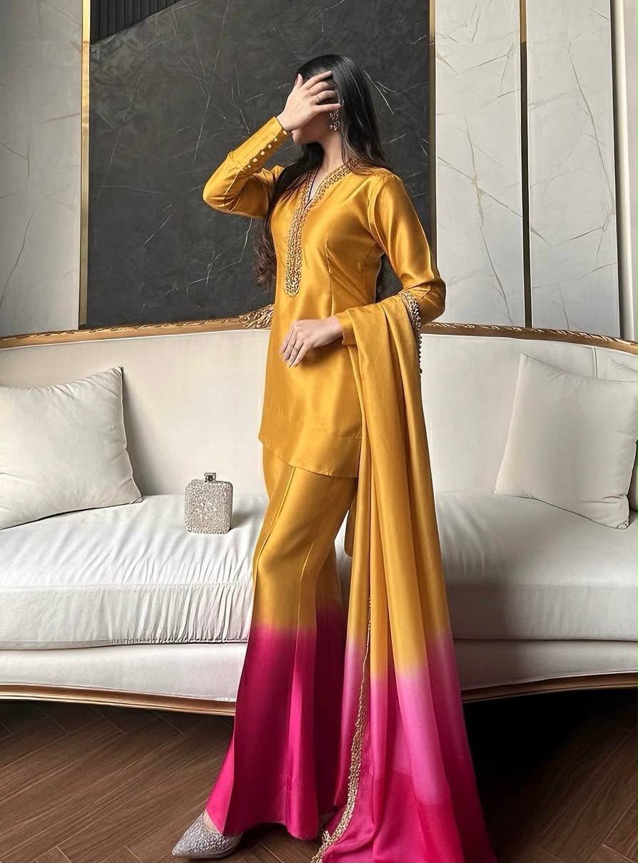 DOUBLE SHADE ROMAN GLASS CODING DORI WORK KURTA SET