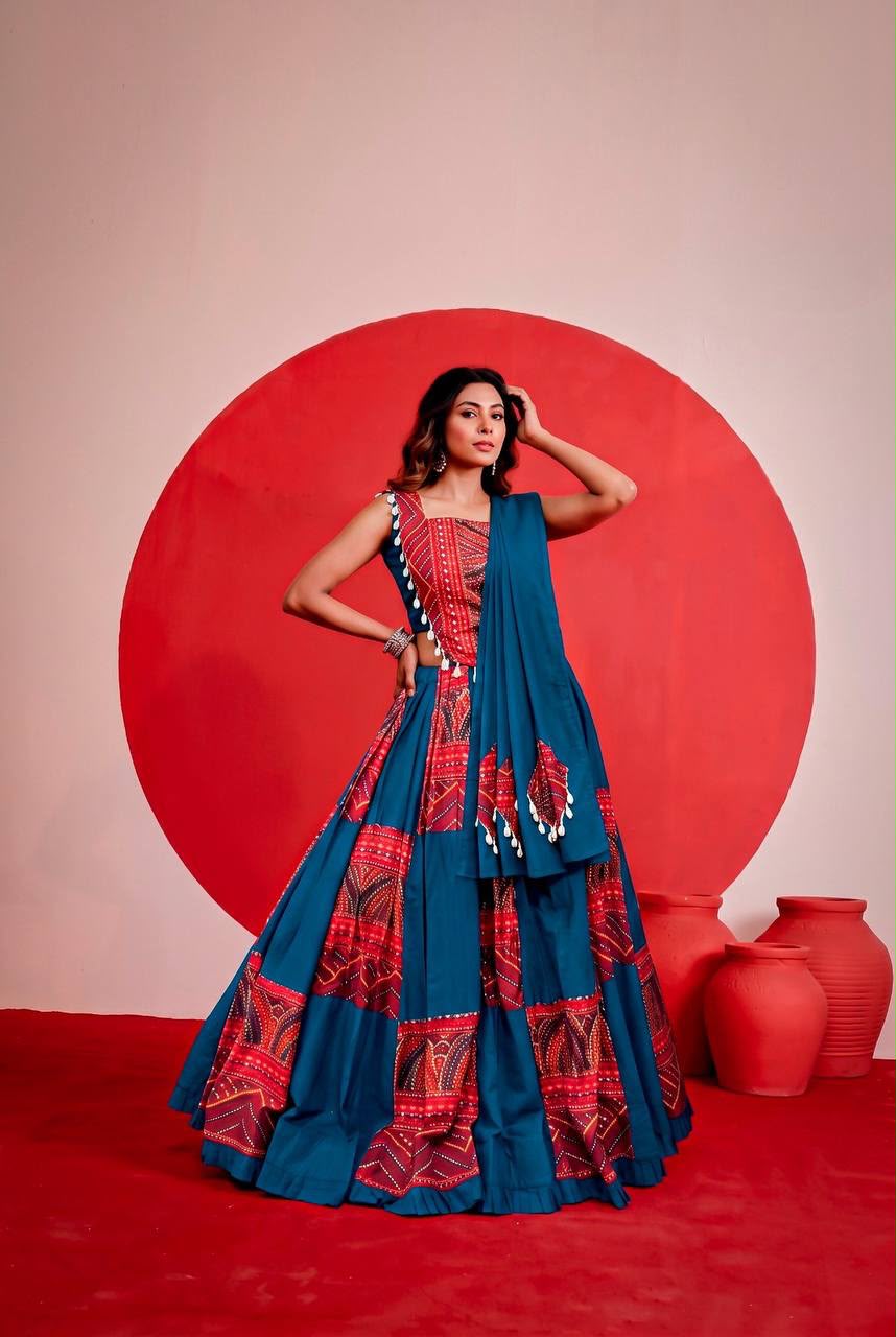 PEACOCK BLUE & RED PURE RAYON PRINTED LEHENGA CHOLI SET