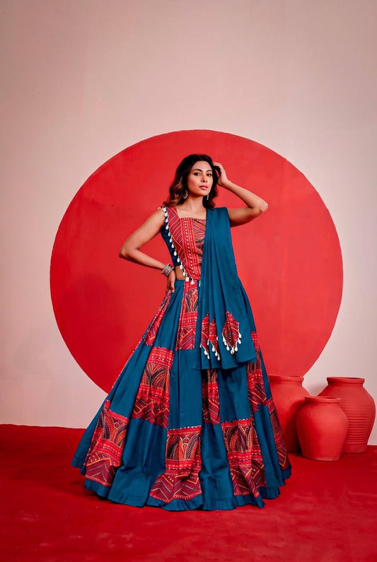 PEACOCK BLUE & RED PURE RAYON PRINTED LEHENGA CHOLI SET