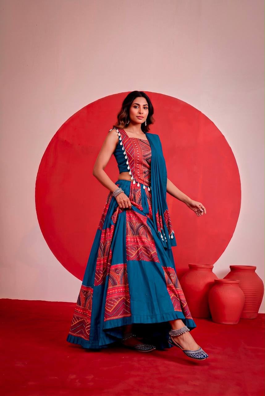 PEACOCK BLUE & RED PURE RAYON PRINTED LEHENGA CHOLI SET