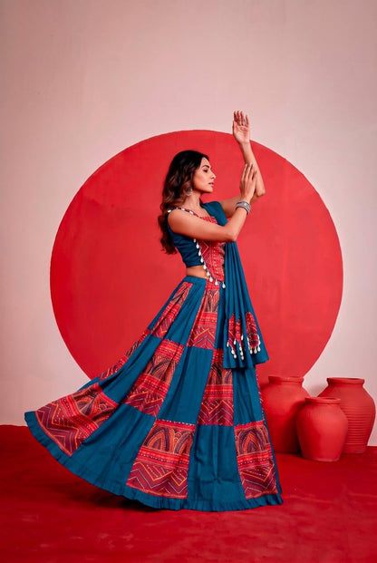 PEACOCK BLUE & RED PURE RAYON PRINTED LEHENGA CHOLI SET