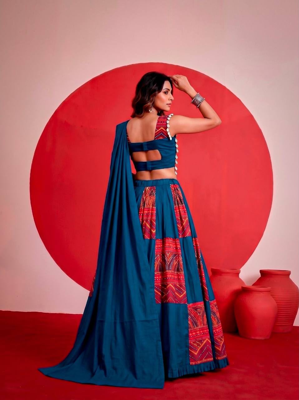 PEACOCK BLUE & RED PURE RAYON PRINTED LEHENGA CHOLI SET