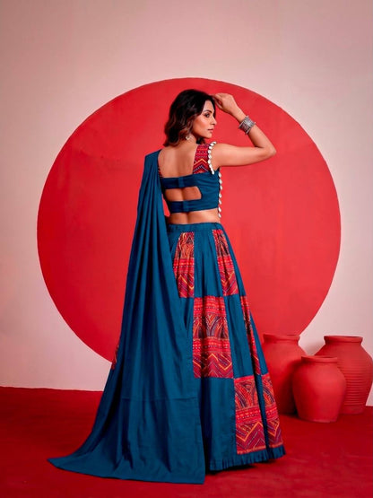 PEACOCK BLUE & RED PURE RAYON PRINTED LEHENGA CHOLI SET