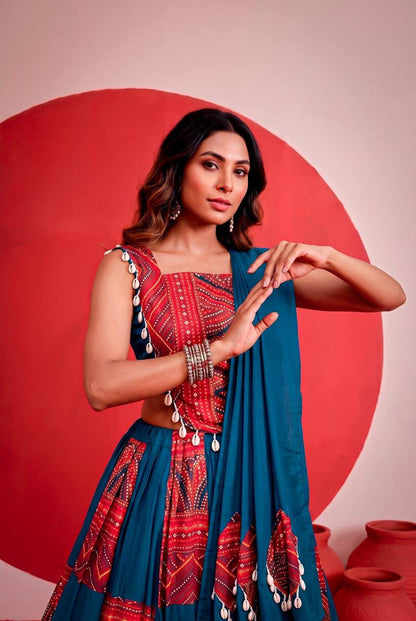 PEACOCK BLUE & RED PURE RAYON PRINTED LEHENGA CHOLI SET