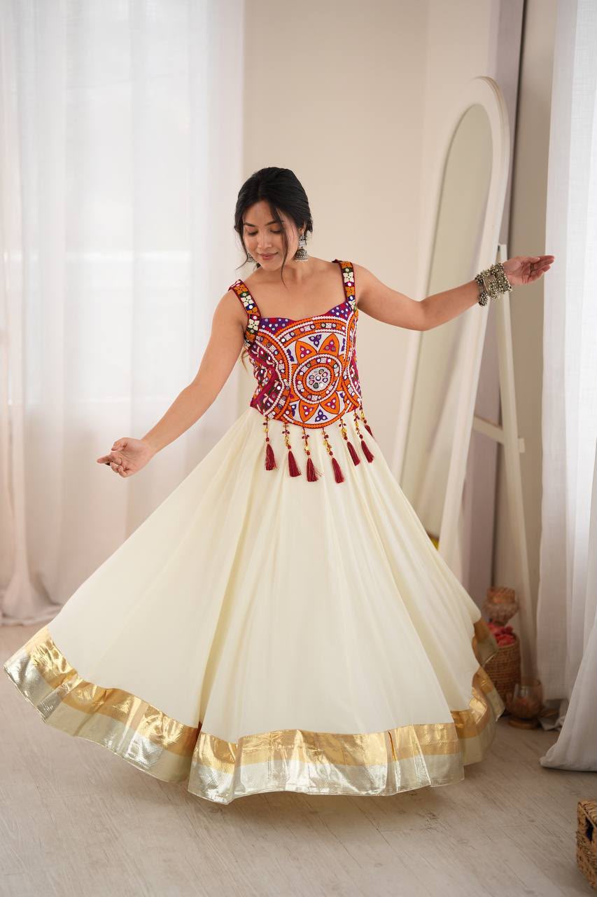 WHITE RAYON LAGDI LACE MIRROR LEHENGA CHOLI SET