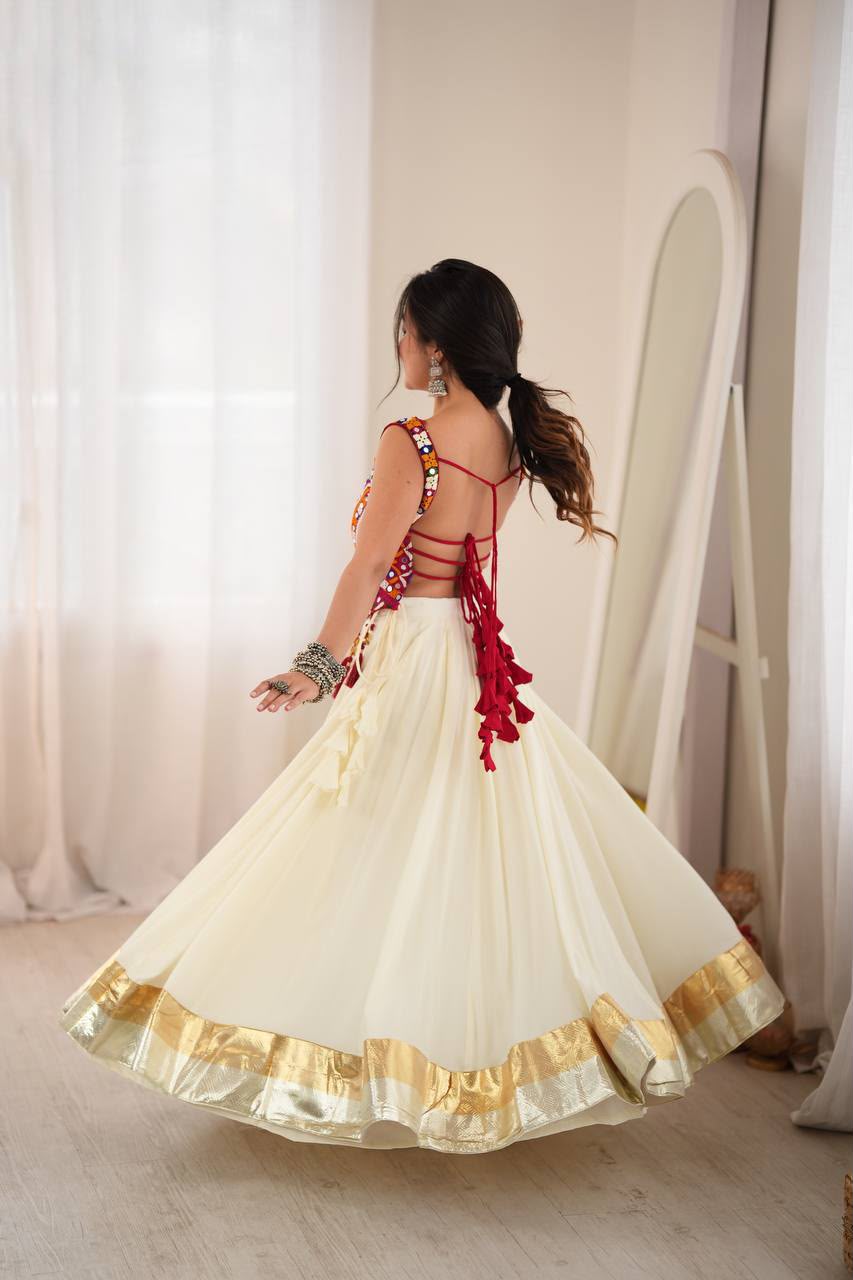 WHITE RAYON LAGDI LACE MIRROR LEHENGA CHOLI SET