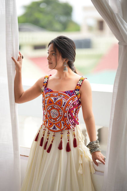 WHITE RAYON LAGDI LACE MIRROR LEHENGA CHOLI SET