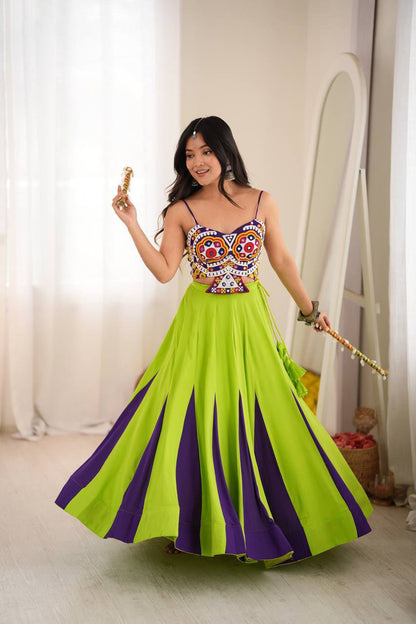 LIME GREEN & PURPLE RAYON NAVRATRI CHANIYA CHOLI