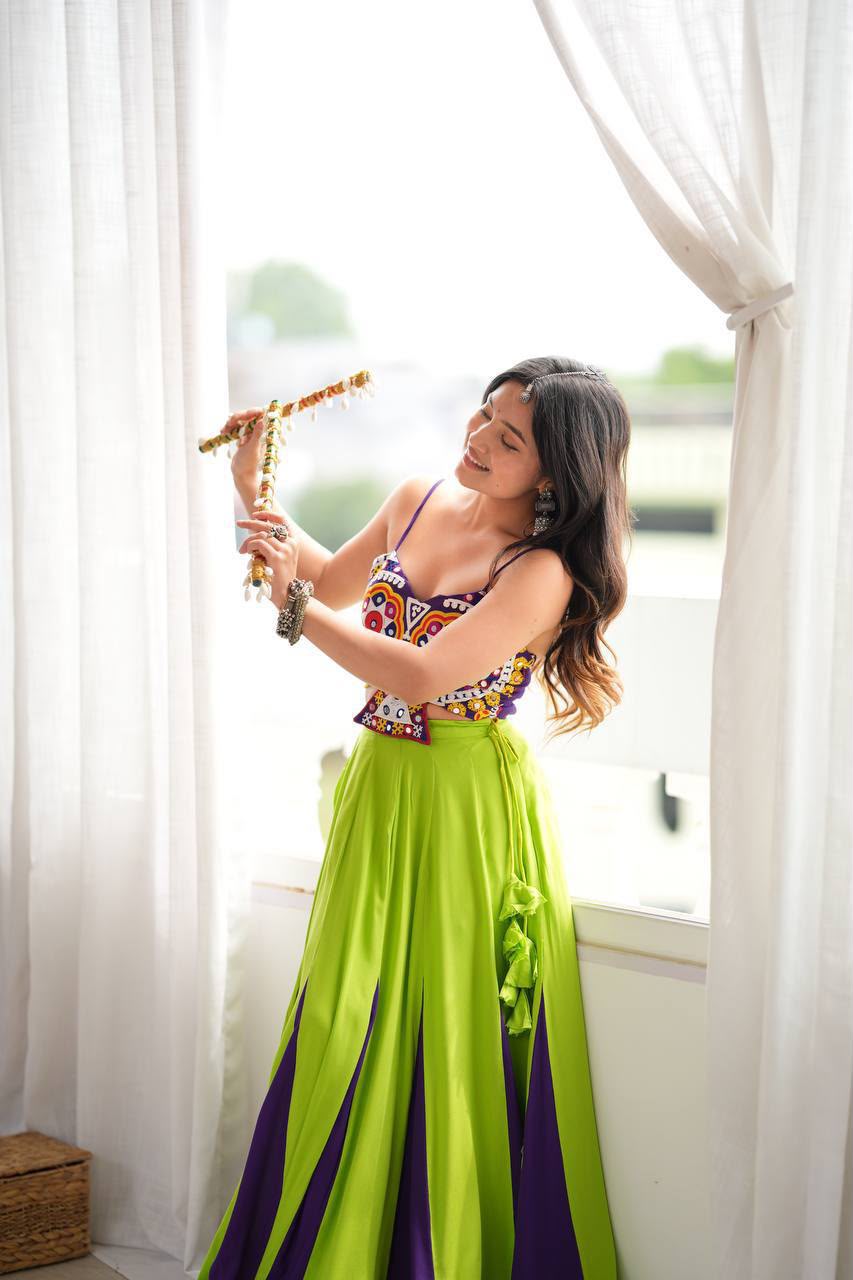 LIME GREEN & PURPLE RAYON NAVRATRI CHANIYA CHOLI