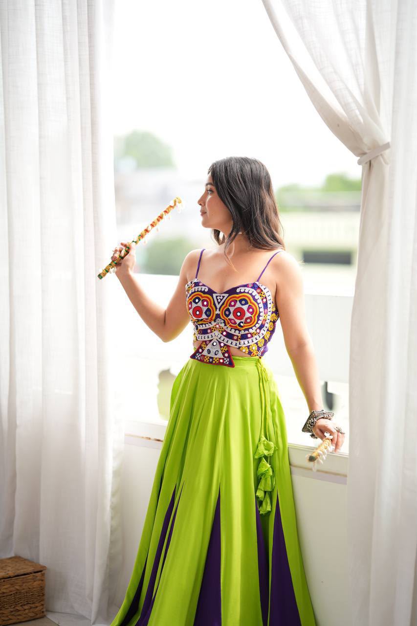 LIME GREEN & PURPLE RAYON NAVRATRI CHANIYA CHOLI