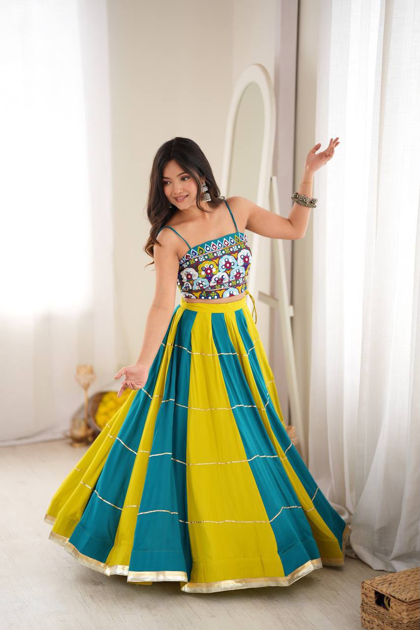 TEAL BLUE HEAVY RAYON THREAD MIRROR GOTA PATTI NAVRATRI LEHENGA