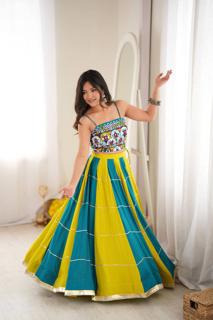 TEAL BLUE HEAVY RAYON THREAD MIRROR GOTA PATTI NAVRATRI LEHENGA