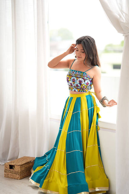 TEAL BLUE HEAVY RAYON THREAD MIRROR GOTA PATTI NAVRATRI LEHENGA