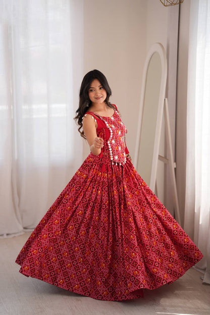 RED NAVRATRI LEHENGA CHOLI WITH KOTI