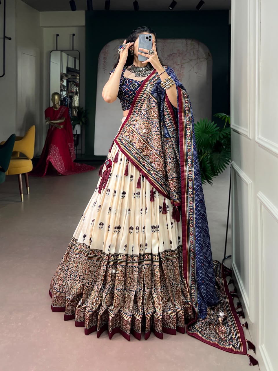 TUSSAR SILK AJRAKH-PRINTED LEHENGA CHOLI