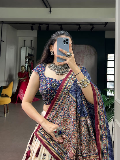 TUSSAR SILK AJRAKH-PRINTED LEHENGA CHOLI