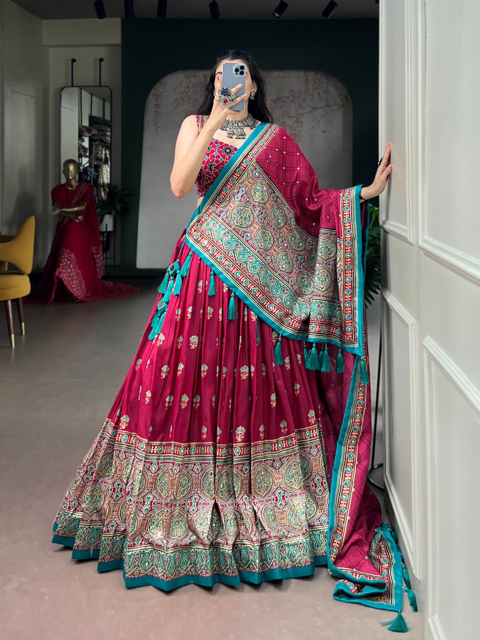 TUSSAR SILK AJRAKH-PRINTED LEHENGA CHOLI