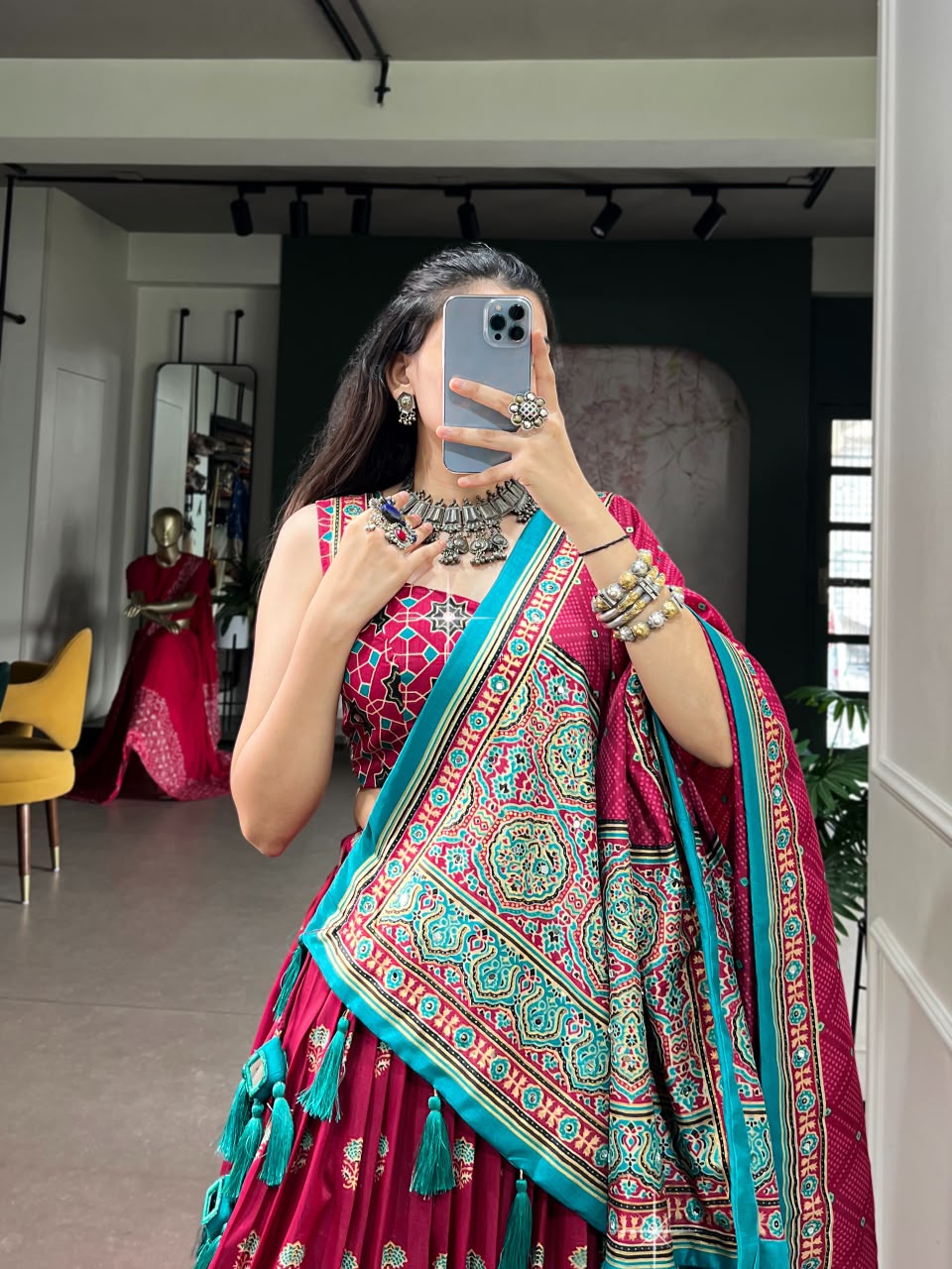 TUSSAR SILK AJRAKH-PRINTED LEHENGA CHOLI
