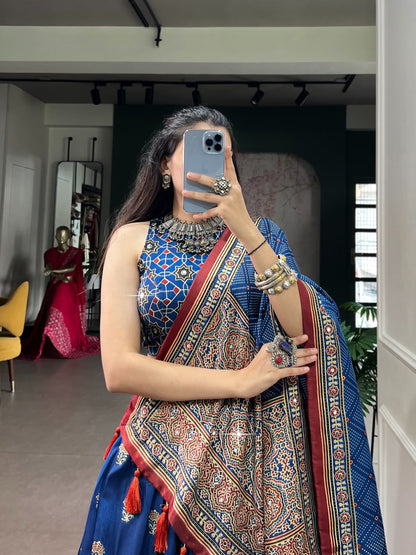 TUSSAR SILK AJRAKH-PRINTED LEHENGA CHOLI