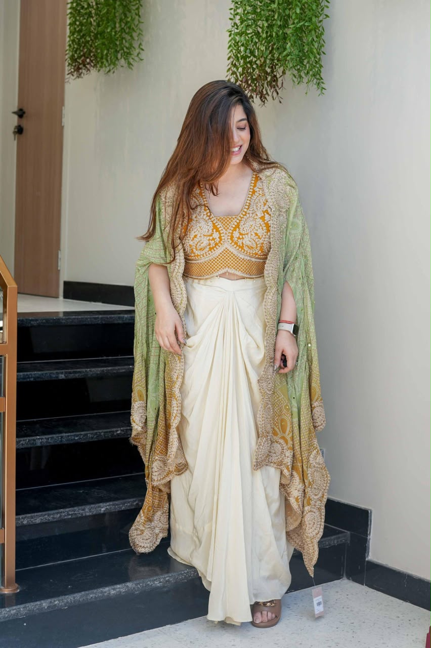READY-TO-WEAR INDO-WESTERN TOP , DRAPED SKIRT & SHRUG