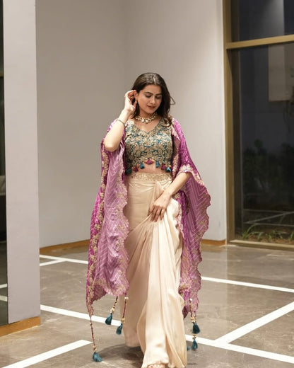 TOP , DRAPED SKIRT & SHRUG INDO-WESTERN OUTFIT