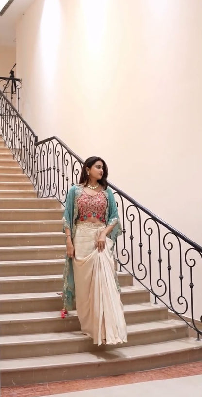 TOP , DRAPED SKIRT & SHRUG INDO-WESTERN OUTFIT
