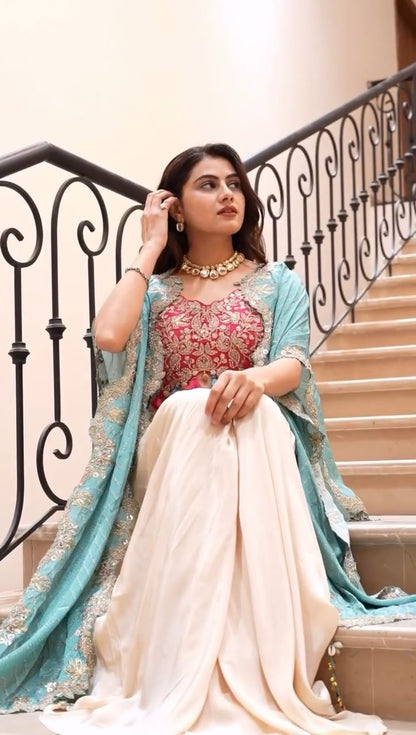 TOP , DRAPED SKIRT & SHRUG INDO-WESTERN OUTFIT
