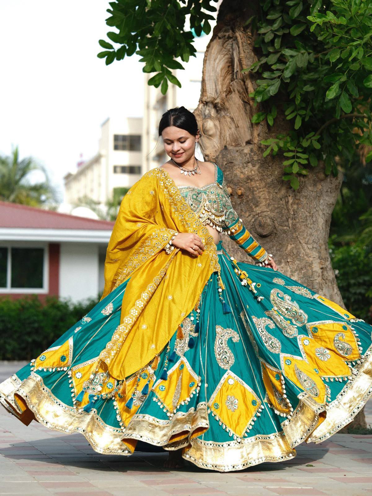 TEAL & MUSTARD YELLOW NAVRATRI LEHENGA CHOLI