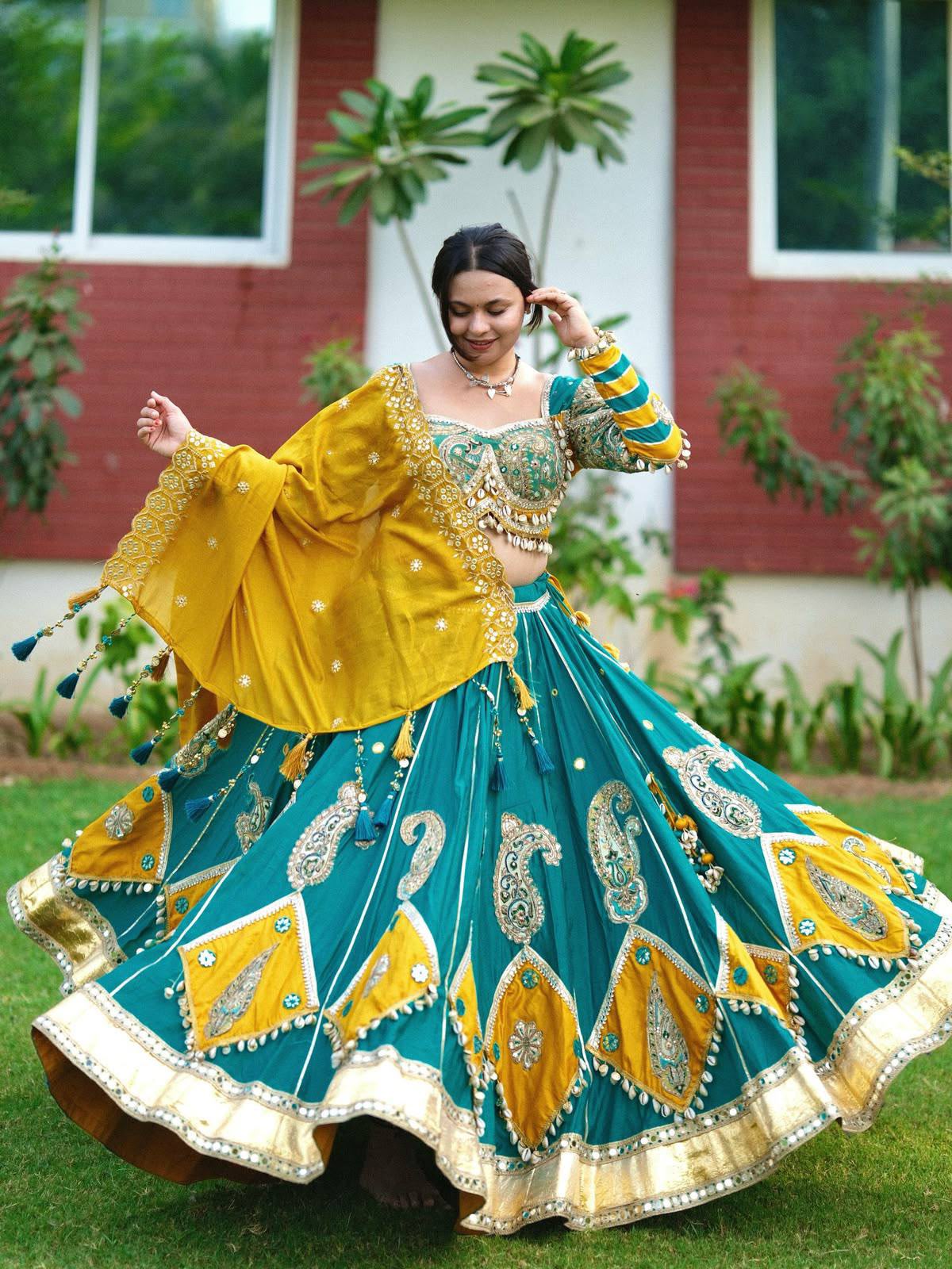 TEAL & MUSTARD YELLOW NAVRATRI LEHENGA CHOLI