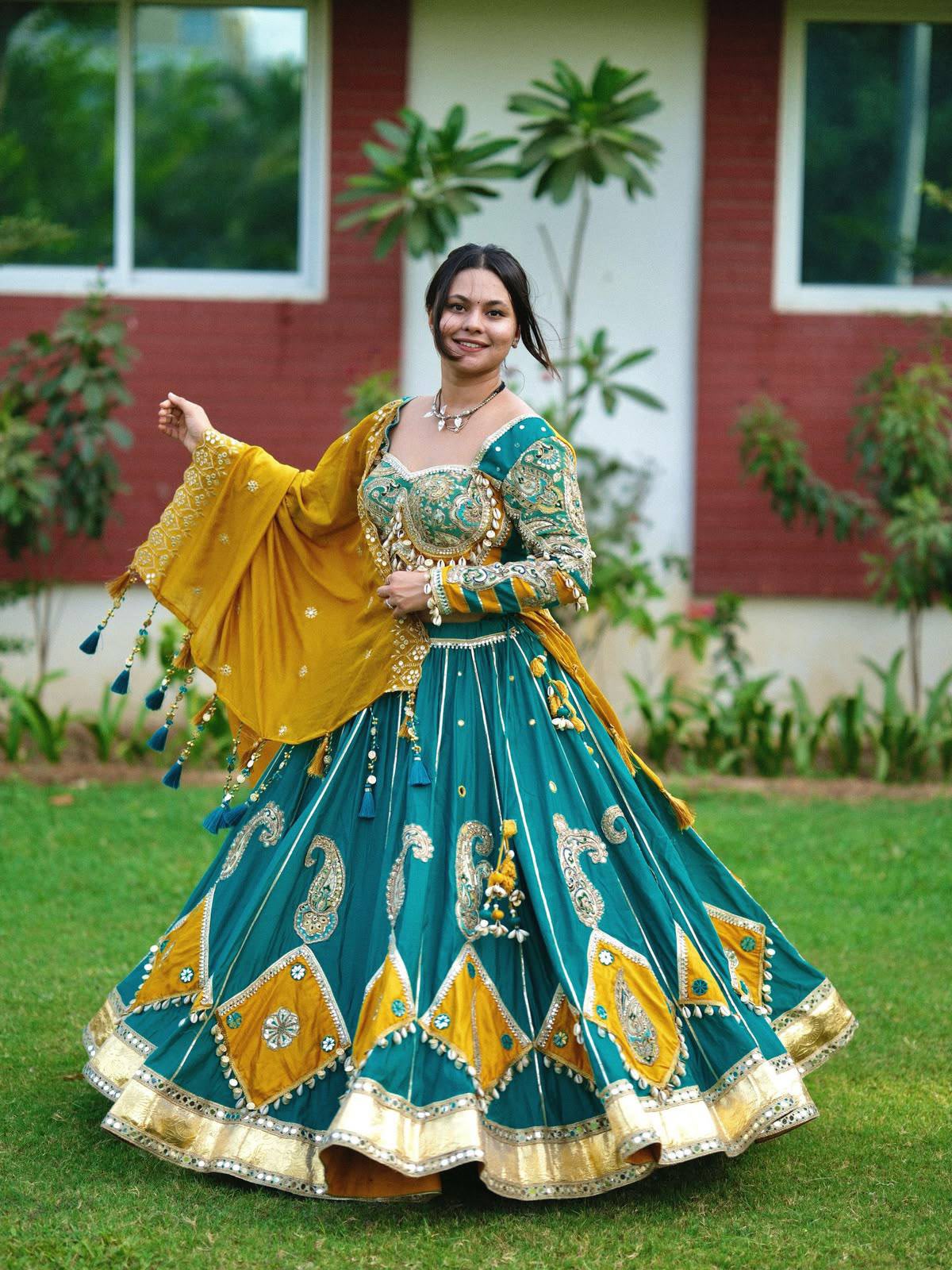 TEAL & MUSTARD YELLOW NAVRATRI LEHENGA CHOLI