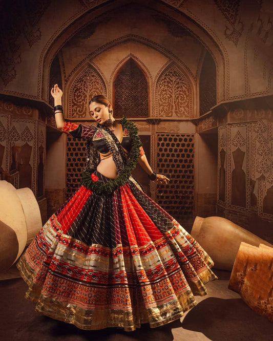BLACK & RED MIRROR WORK MUSLIN NAVRATRI LEHENGA CHOLI