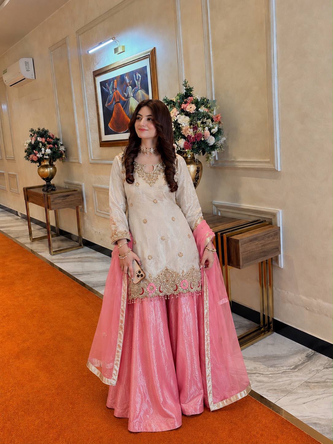 CREAM & PINK FENDY SILK EMBROIDERED KURTA SET