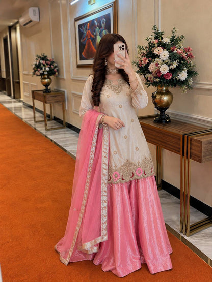 CREAM & PINK FENDY SILK EMBROIDERED KURTA SET