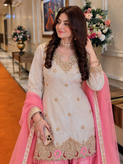 CREAM & PINK FENDY SILK EMBROIDERED KURTA SET