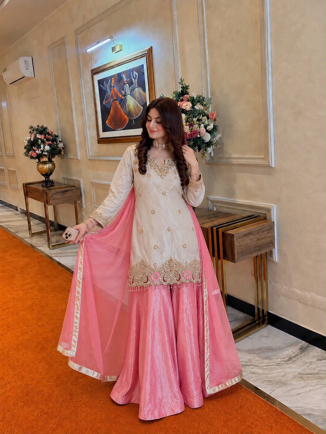 CREAM & PINK FENDY SILK EMBROIDERED KURTA SET