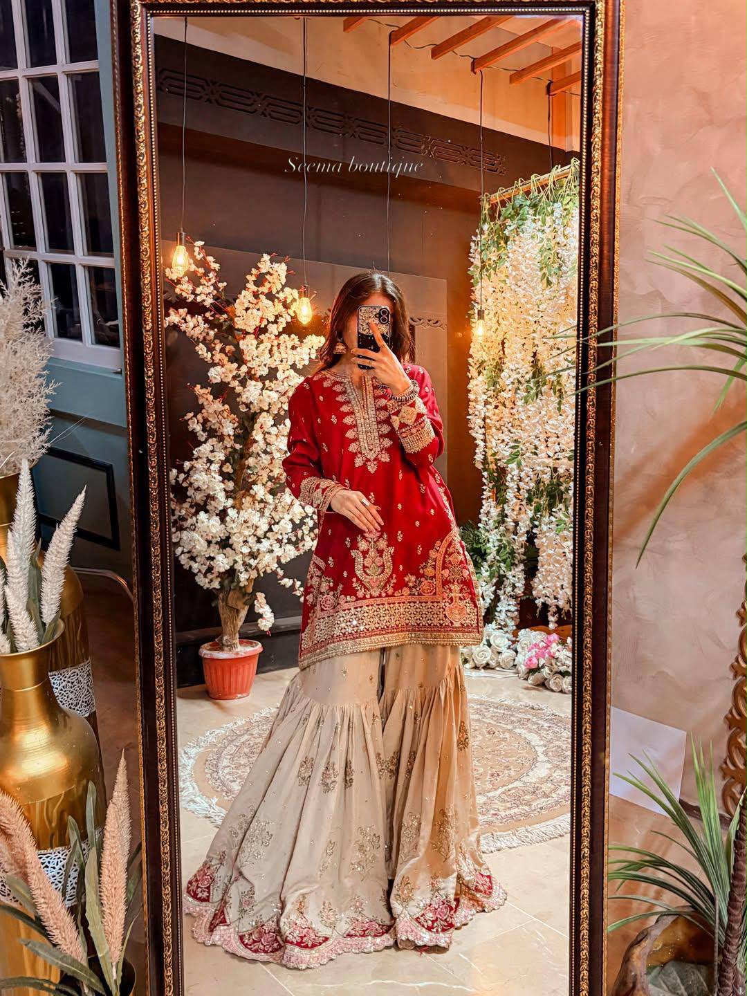 RED & BEIGE EMBROIDERED FAUX GEORGETTE SHARARA SUIT SET