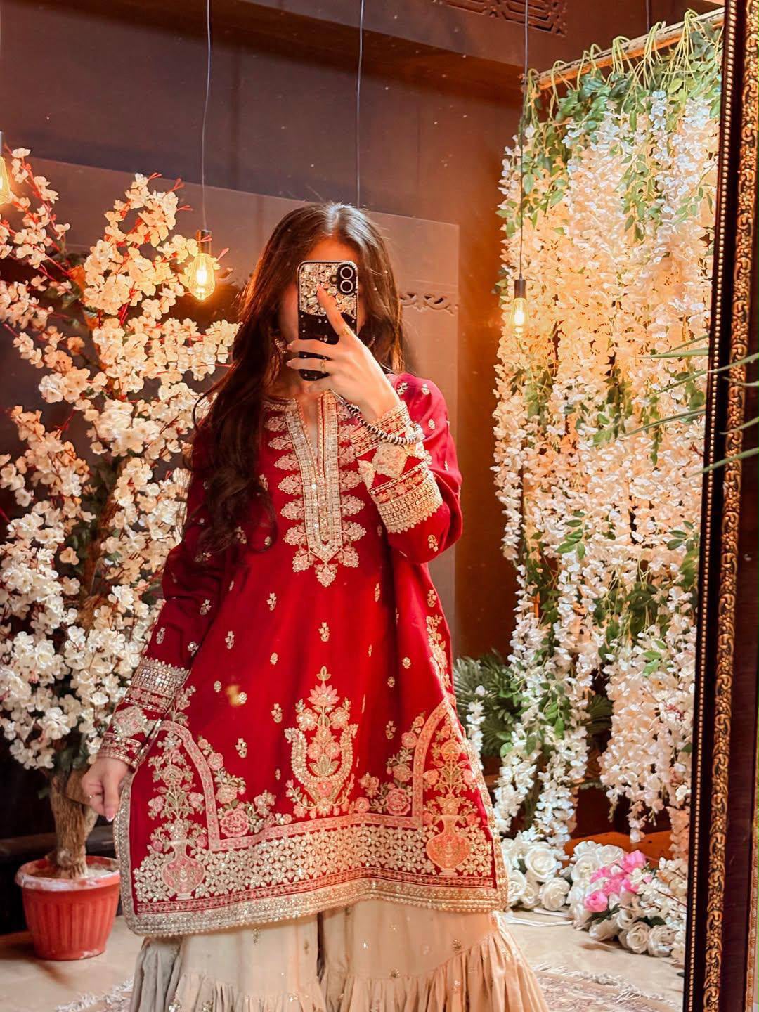 RED & BEIGE EMBROIDERED FAUX GEORGETTE SHARARA SUIT SET
