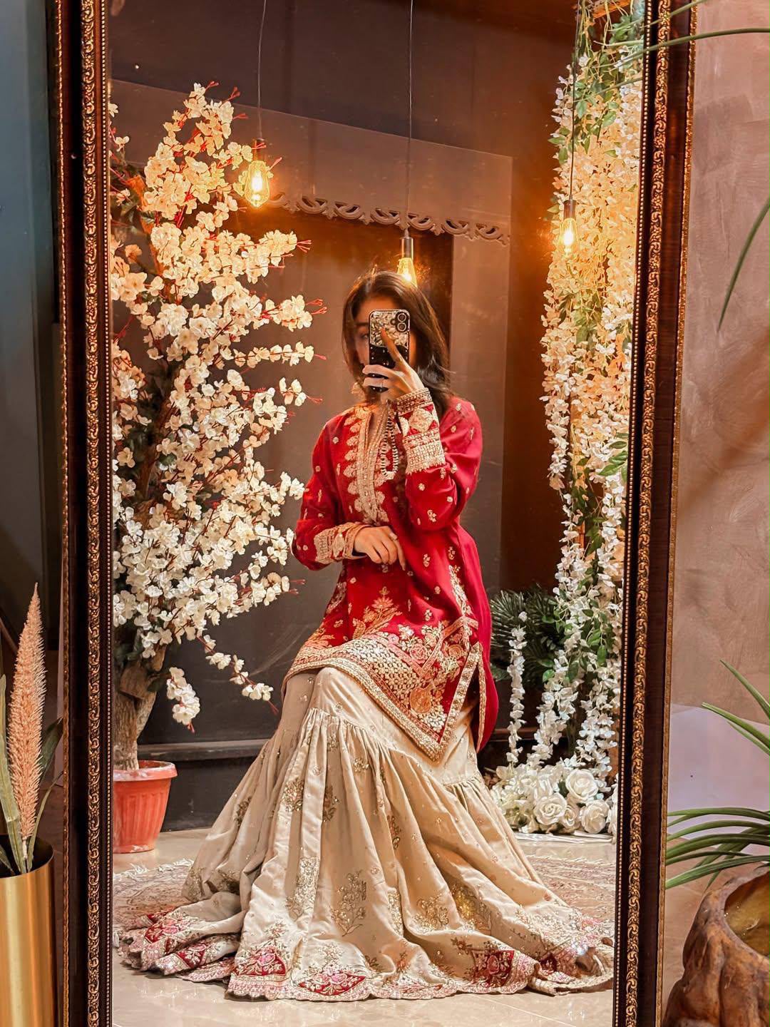 RED & BEIGE EMBROIDERED FAUX GEORGETTE SHARARA SUIT SET