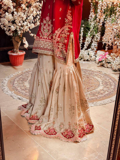 RED & BEIGE EMBROIDERED FAUX GEORGETTE SHARARA SUIT SET