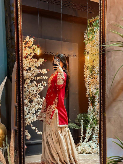 RED & BEIGE EMBROIDERED FAUX GEORGETTE SHARARA SUIT SET