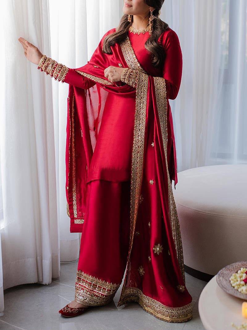 AYEZA KHAN - RED RANGOLI SILK KURTA SET